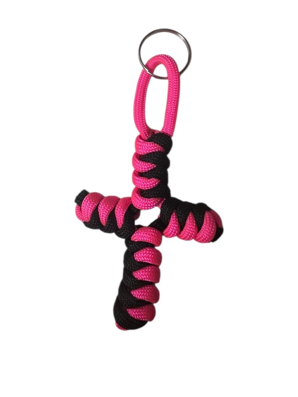 Handmade Paracord Cross Keychain Neon Pink & Black 2"x4"
